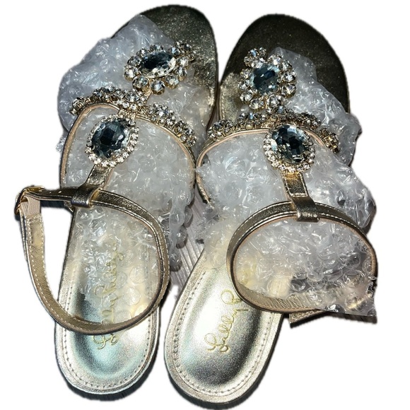 Lilly Pulitzer Glamorous Gold and Silver Jeweled Sandals with Ankle Straps, 7.5M - Picture 4 of 14